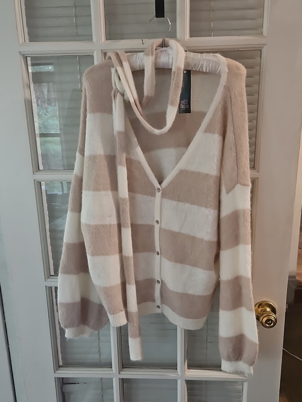 NWT Wild Fable Cream and Beige Striped V-Neck Button Cardigan Sweater with Tie.